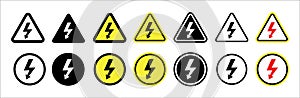 High voltage icon set. High voltage sign in triangle and circle shape. Electric shock risk label. Vector stock illustration