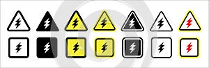 High voltage icon set. High voltage sign in triangle and square shape. Electric shock risk label. Vector stock illustration