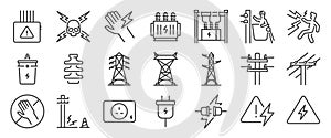 High voltage icon set. It includes electricity, electric, transmission line, tower, insulator and more icons photo