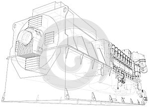 High voltage industrial standby dieasel generator at a power generation. The layers of visible and invisible lines are