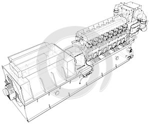 High voltage industrial standby dieasel generator at a power generation. The layers of visible and invisible lines are