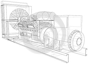 High voltage industrial standby dieasel generator at a power generation. The layers of visible and invisible lines are