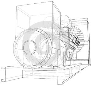 High voltage industrial standby dieasel generator at a power generation. The layers of visible and invisible lines are