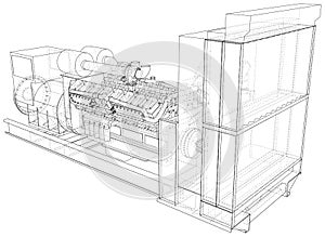 High voltage industrial standby dieasel generator at a power generation. The layers of visible and invisible lines are