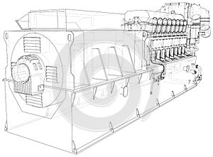 High voltage industrial standby dieasel generator at a power generation. The layers of visible and invisible lines are