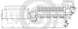 High voltage industrial standby dieasel generator at a power generation. The layers of visible and invisible lines are