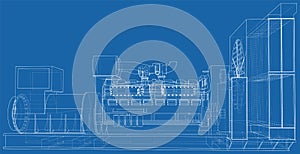 High voltage industrial standby dieasel generator at a power generation. The layers of visible and invisible lines are