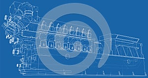 High voltage industrial standby dieasel generator at a power generation. The layers of visible and invisible lines are