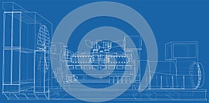 High voltage industrial standby dieasel generator at a power generation. The layers of visible and invisible lines are