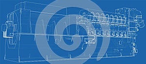 High voltage industrial standby dieasel generator at a power generation. The layers of visible and invisible lines are