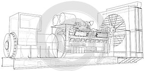 High voltage industrial standby dieasel generator at a power generation. The layers of visible and invisible lines are