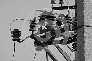 High voltage line visible protective supports, racks, cups, high voltage fuses