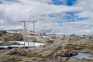 High-voltage line with wooden electric poles in the nordic mountain landscape