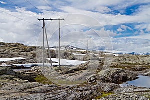 High-voltage line with wooden electric poles in the nordic mountain landscape