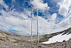 High-voltage line with wooden electric poles in the nordic mountain landscape