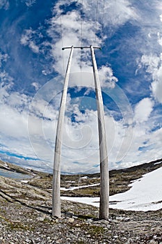 High-voltage line with wooden electric poles in the nordic mountain landscape