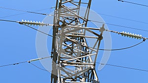 High-voltage lines of high-voltage masts. Transmission line. Production and supply of electricity.
