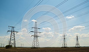 High voltage lines and power poles and green agricultural landscape during sunset