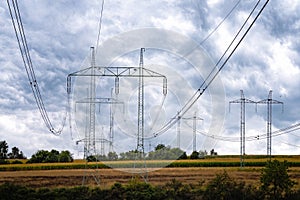 High voltage lines and power pylons.