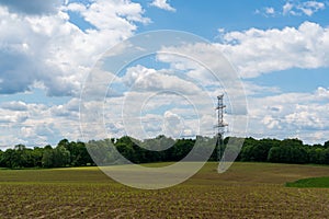 High voltage lines and power pylons in a flat and green agricultural landscape on a sunny day with cirrus clouds in the blue sky