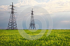 High voltage lines and power pylons in a flat and green agricultural landscape on a sunny day with clouds in the blue sky. Cloudy