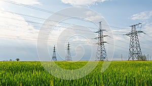 High voltage lines and power pylons and a green agricultural landscape on a sunny day