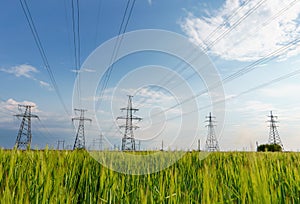 High voltage lines and power pylons and a green agricultural landscape on a sunny day