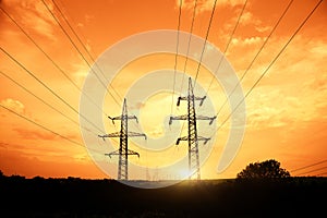 High-voltage networks at sunset