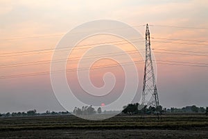 High voltage pole,High voltage tower with sky sunset background