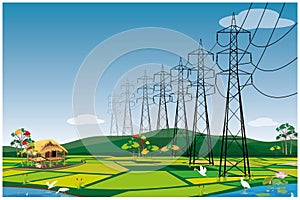 high voltage pole on paddy field at countryside vector design.