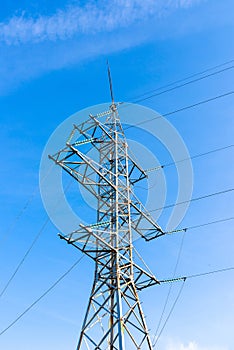 High-voltage pole wires power lines at sunset electricity distribution station.high voltage electric transmission tower