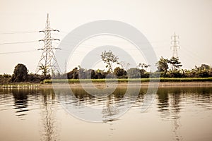 High voltage post of Electric Transmission tower electricity pylon, steel lattice and Power transmission line overhead power
