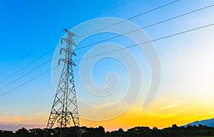 High voltage post,Electricity pylons and lines at sunset.