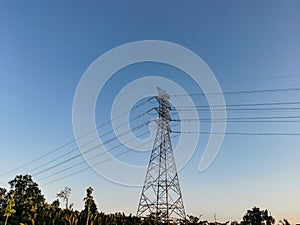 High voltage post or High voltage tower with blue sky background