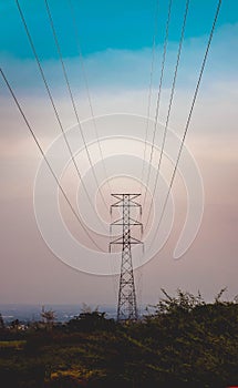 High voltage post.High-voltage tower sky background