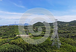 High voltage post, High voltage tower sky background on the mountain forest, Electricity poles and electric power transmission