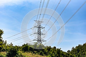 High voltage post, High voltage tower sky background on the mountain forest, Electricity poles and electric power transmission