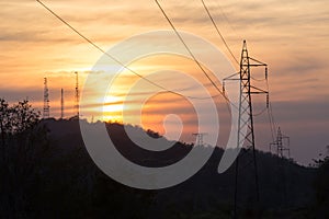 High voltage post,High voltage tower sky sunset background