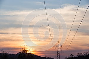 High voltage post,High voltage tower sky sunset background