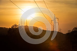 High voltage post,High voltage tower sky sunset background