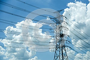 High voltage power electric pole wire blue cloudy sky