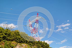 High voltage power electrical transmission tower and electricity pole / Electric distribution of the transmission line.