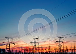 High voltage power grid, in the sunset.