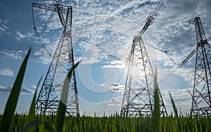 High voltage power line with green grass. green energy concept of high voltage lines.