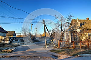 High voltage power line near village