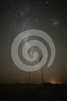 High voltage power line in a nocturnal landscape, La Pampa,