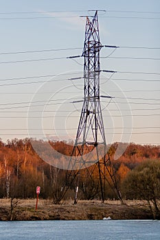 High-voltage power line in the spring forest at sunset. Last year`s dried grass