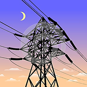 High voltage power line in sunset