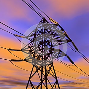 High voltage power line in sunset