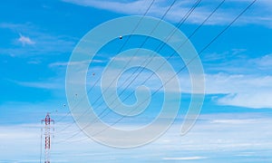 High voltage power lines against blue sky. High voltage electric transmission tower. Electricity pylon and electric power